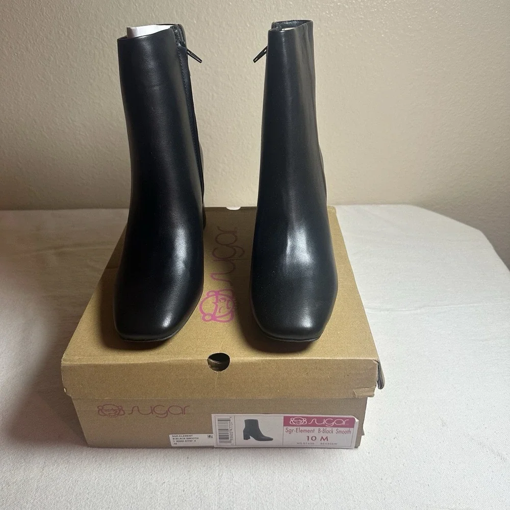 Sugar Womens Black Faux Leather Element Square Toe Block Heel Side Zip Boots 10M
